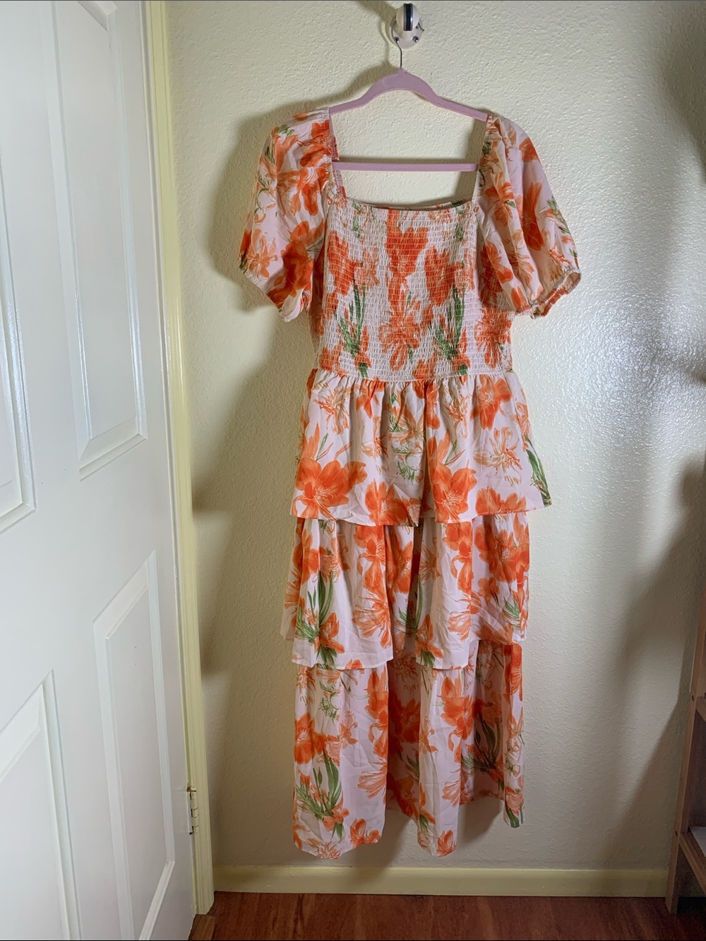 NWOT BTFBM Floral Smocked Tiered Maxi Dress in Orange & White, Size XL